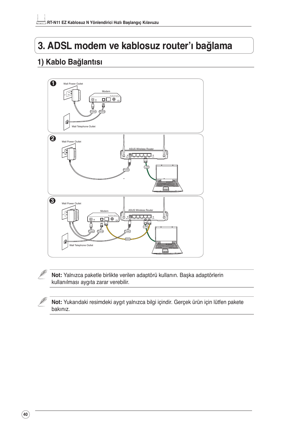 Adsl modem ve kablosuz router’ı bağlama, 1) kablo bağlantısı | Asus RT-N11 User Manual | Page 41 / 99