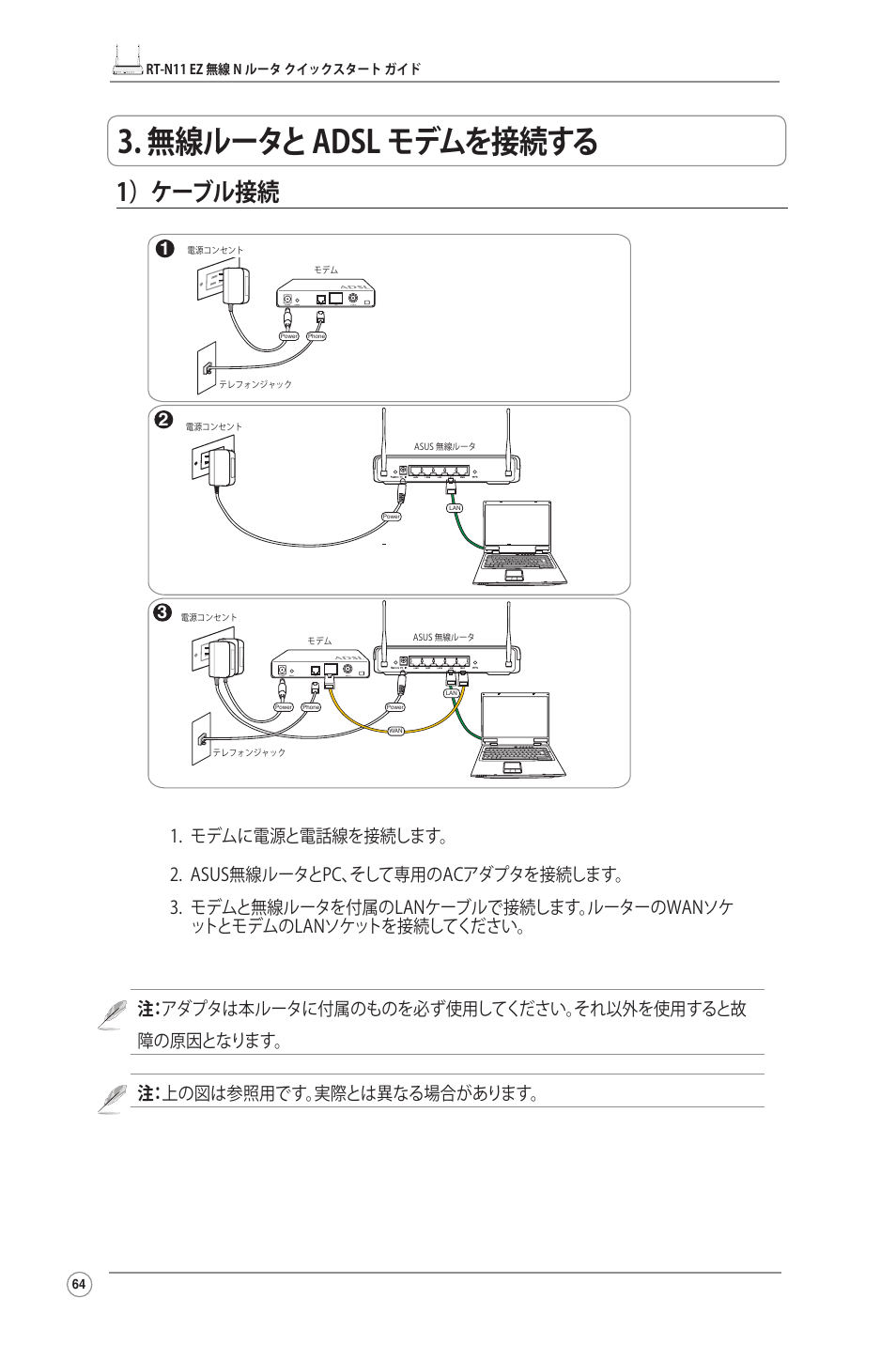 無線ルータとadsl モデムを接続する, 1）ケーブル接続 | Asus RT-N11 User Manual | Page 65 / 99