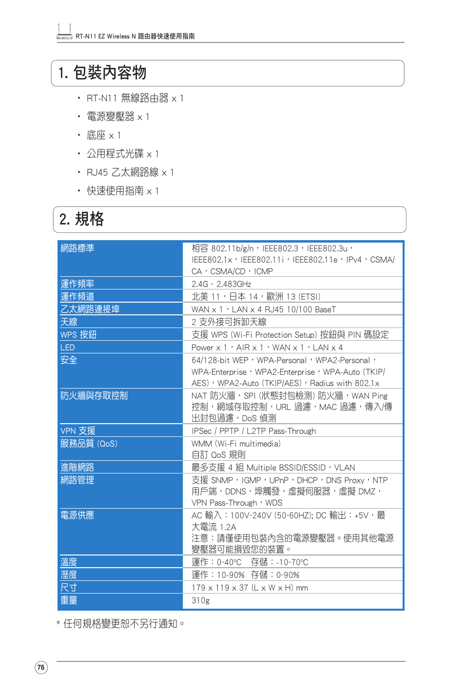 包裝內容物 | Asus RT-N11 User Manual | Page 77 / 99