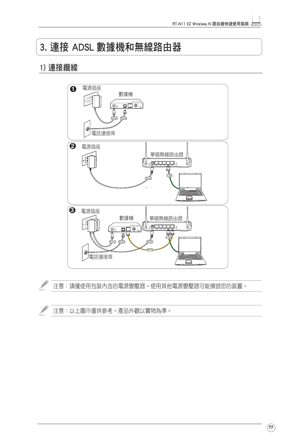 連接 adsl 數據機和無線路由器, 1) 連接纜線, 電源插座 數據機 電話連接埠 電源插座 數據機 電話連接埠 華碩無線路由器 電源插座 | 華碩無線路由器 | Asus RT-N11 User Manual | Page 78 / 99