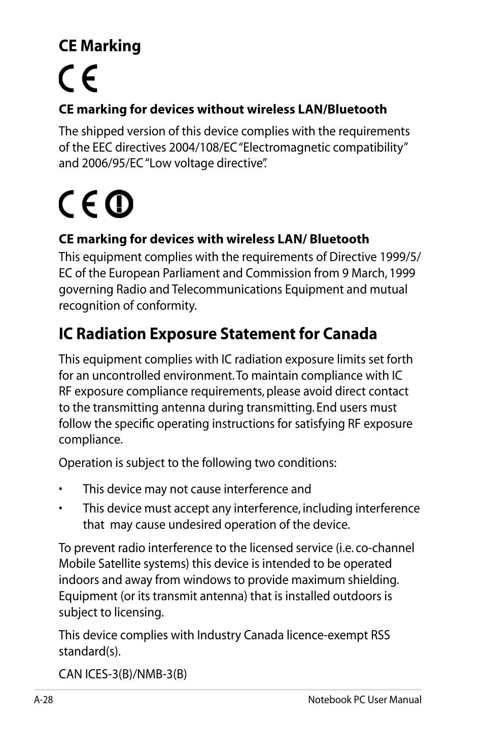 Ce marking, Ic radiation exposure statement for canada | Asus R401VZ User Manual | Page 104 / 120