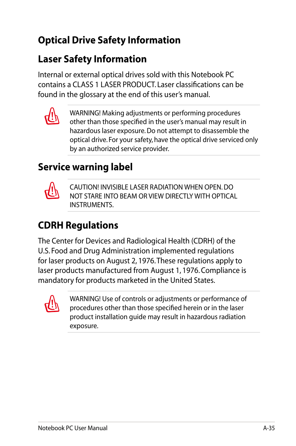 Optical drive safety information, Laser safety information, Service warning label | Cdrh regulations | Asus R401VZ User Manual | Page 111 / 120