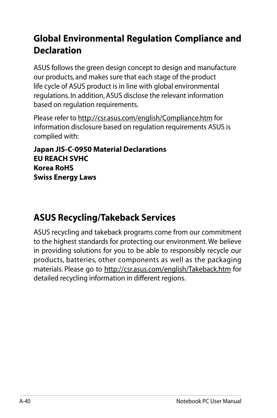 Asus recycling/takeback services | Asus R401VZ User Manual | Page 116 / 120