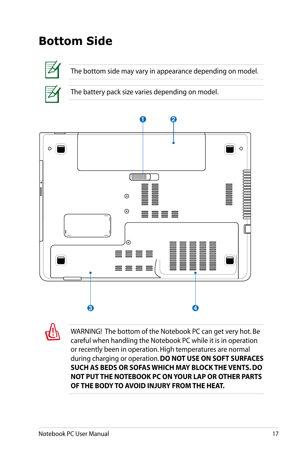 Bottom side | Asus R401VZ User Manual | Page 17 / 120