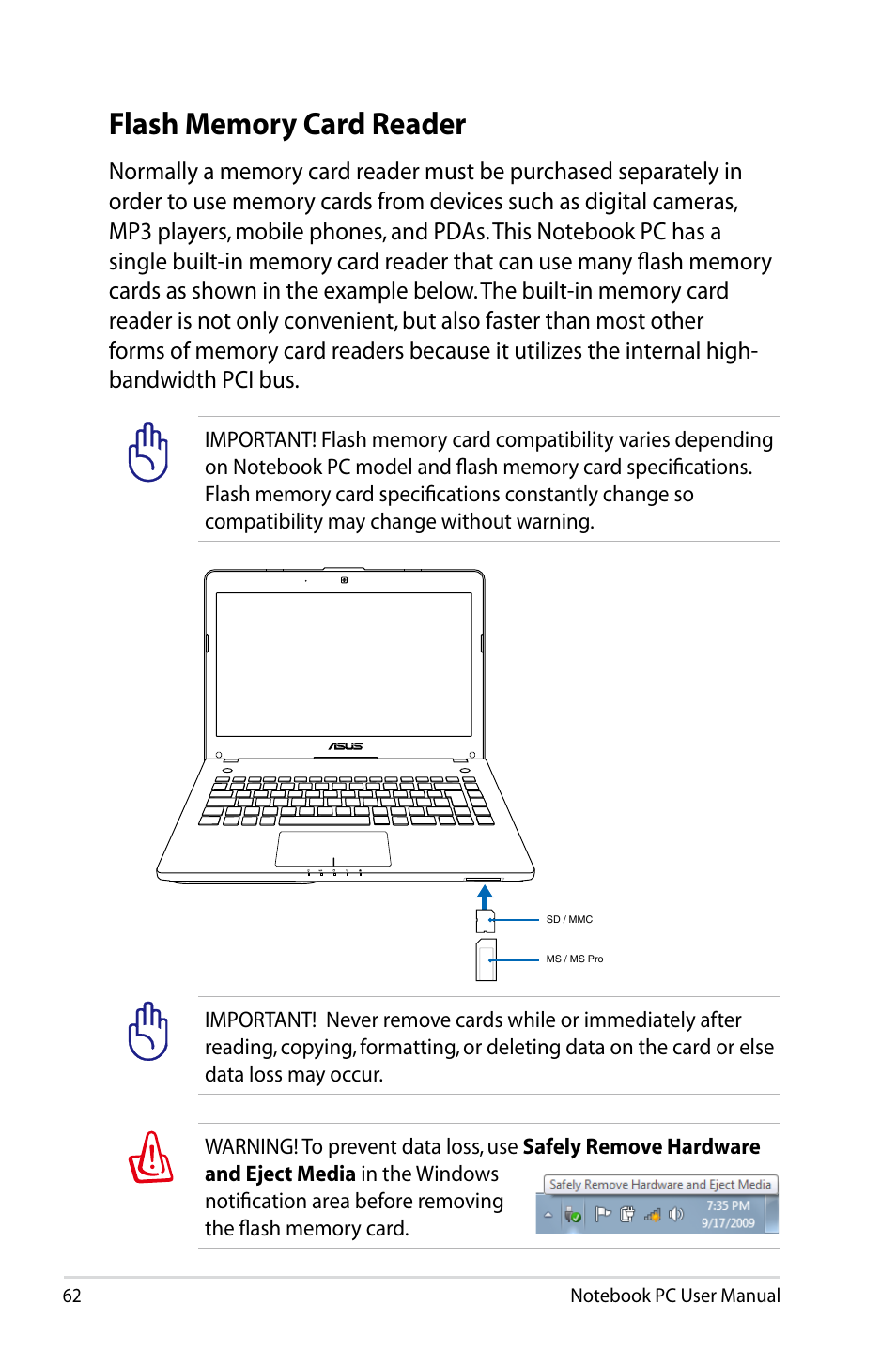 Flash memory card reader | Asus R401VZ User Manual | Page 62 / 120