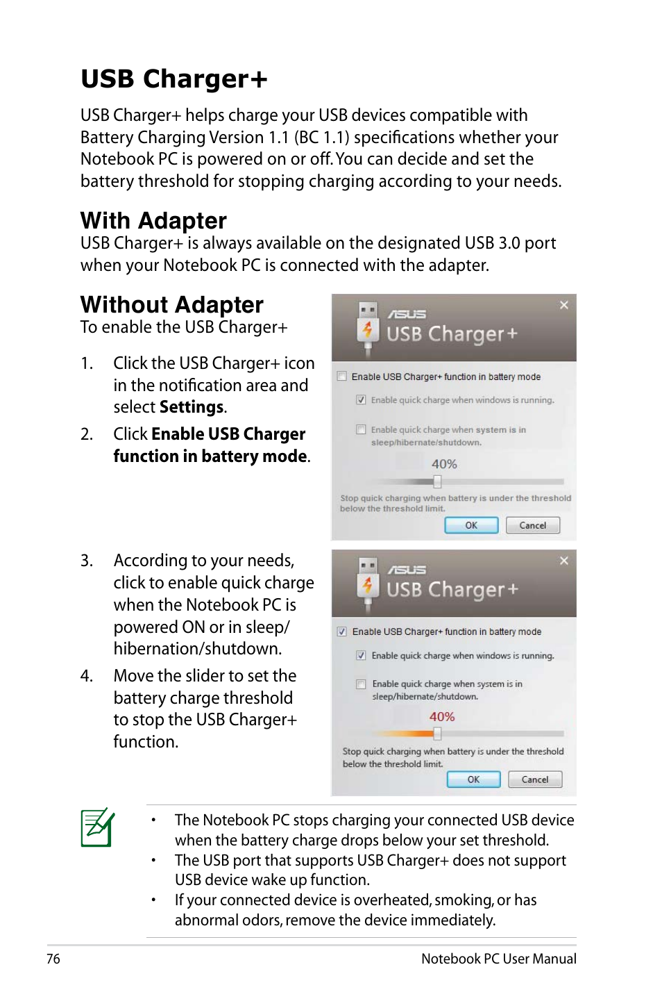 Usb charger, With adapter, Without adapter | Asus R401VZ User Manual | Page 76 / 120