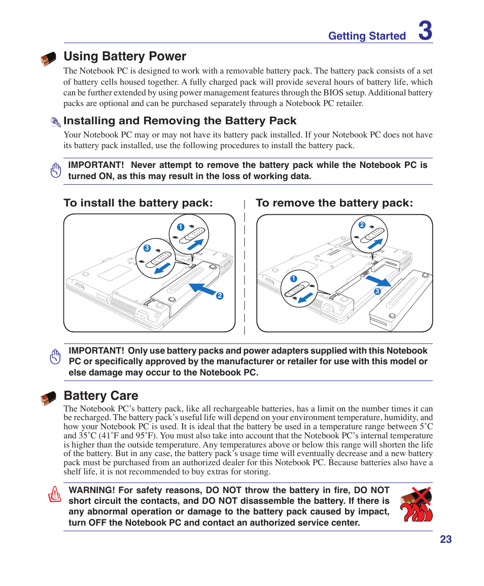 Using battery power, Battery care | Asus Z62E User Manual | Page 23 / 76