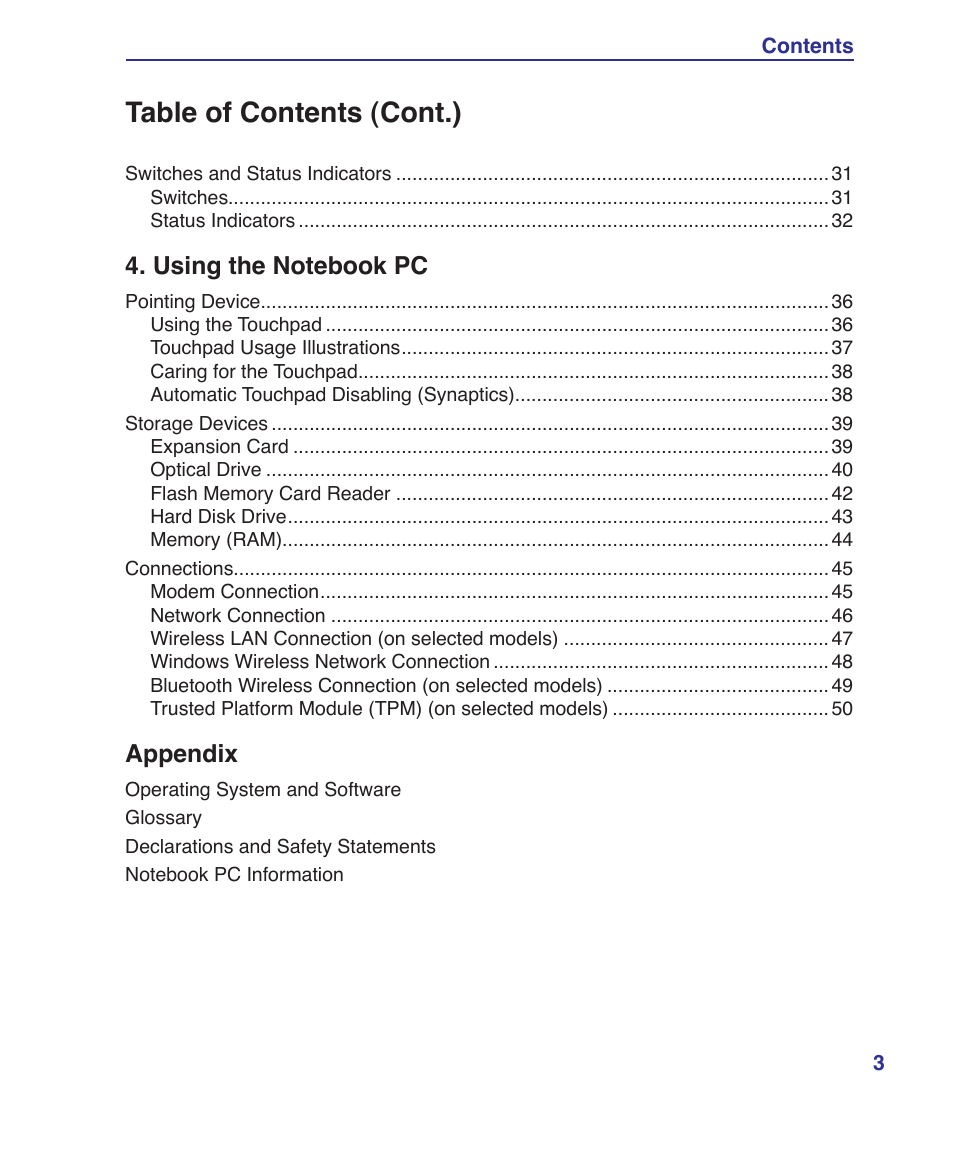 Table of contents (cont.) | Asus Z62E User Manual | Page 3 / 76