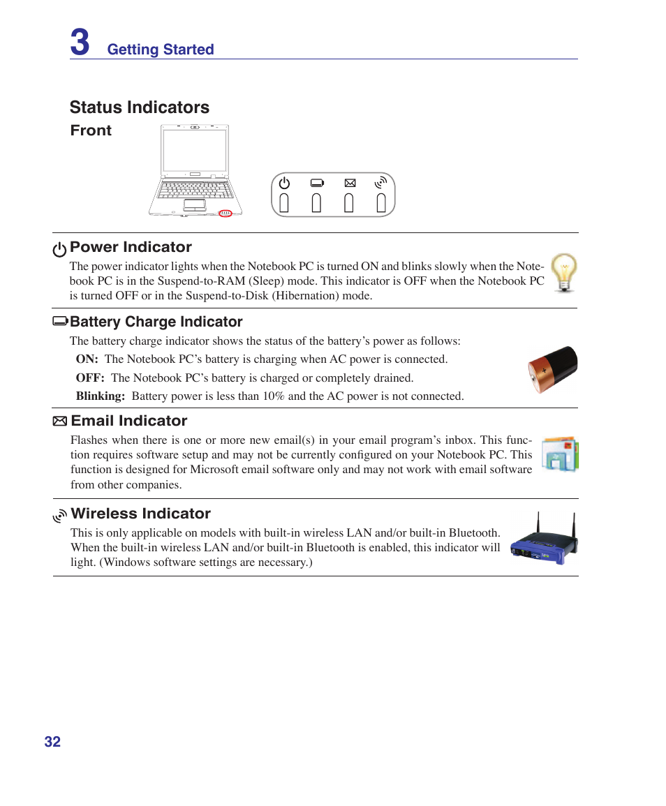 Status indicators | Asus Z62E User Manual | Page 32 / 76