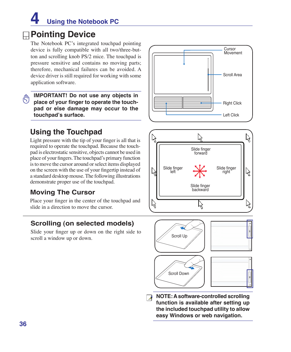 Pointing device, Using the touchpad | Asus Z62E User Manual | Page 36 / 76