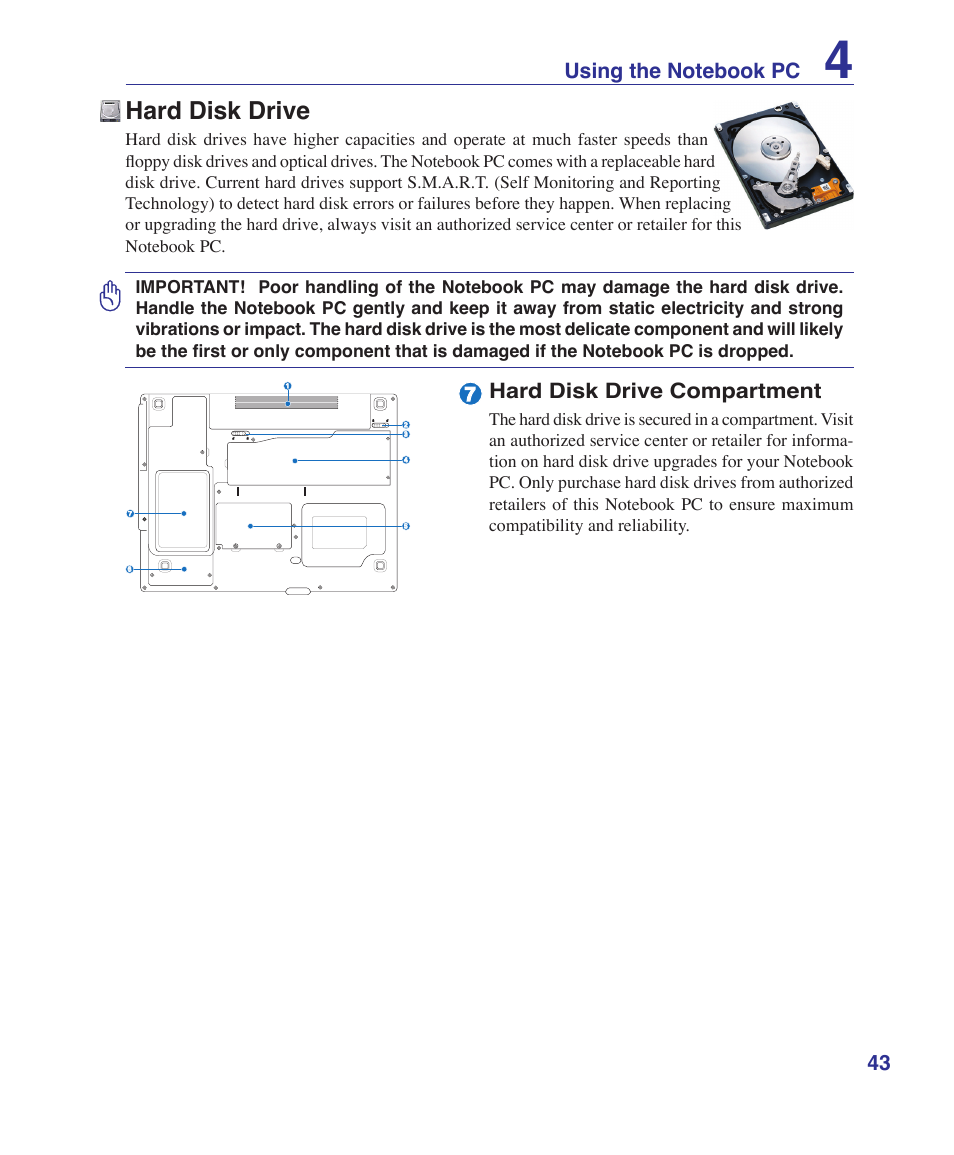 Hard disk drive, Hard disk drive compartment | Asus Z62E User Manual | Page 43 / 76