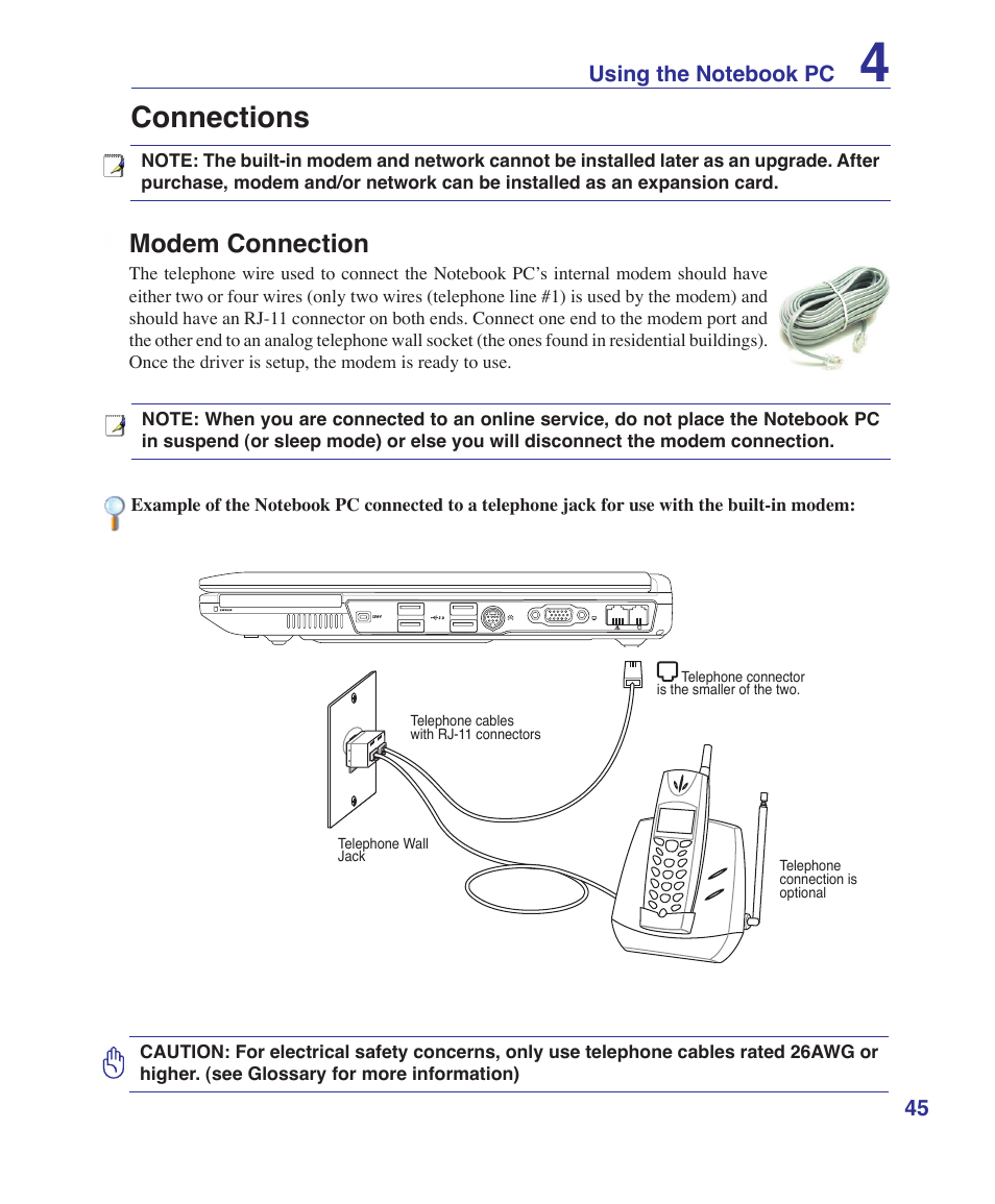 Connections, Modem connection | Asus Z62E User Manual | Page 45 / 76