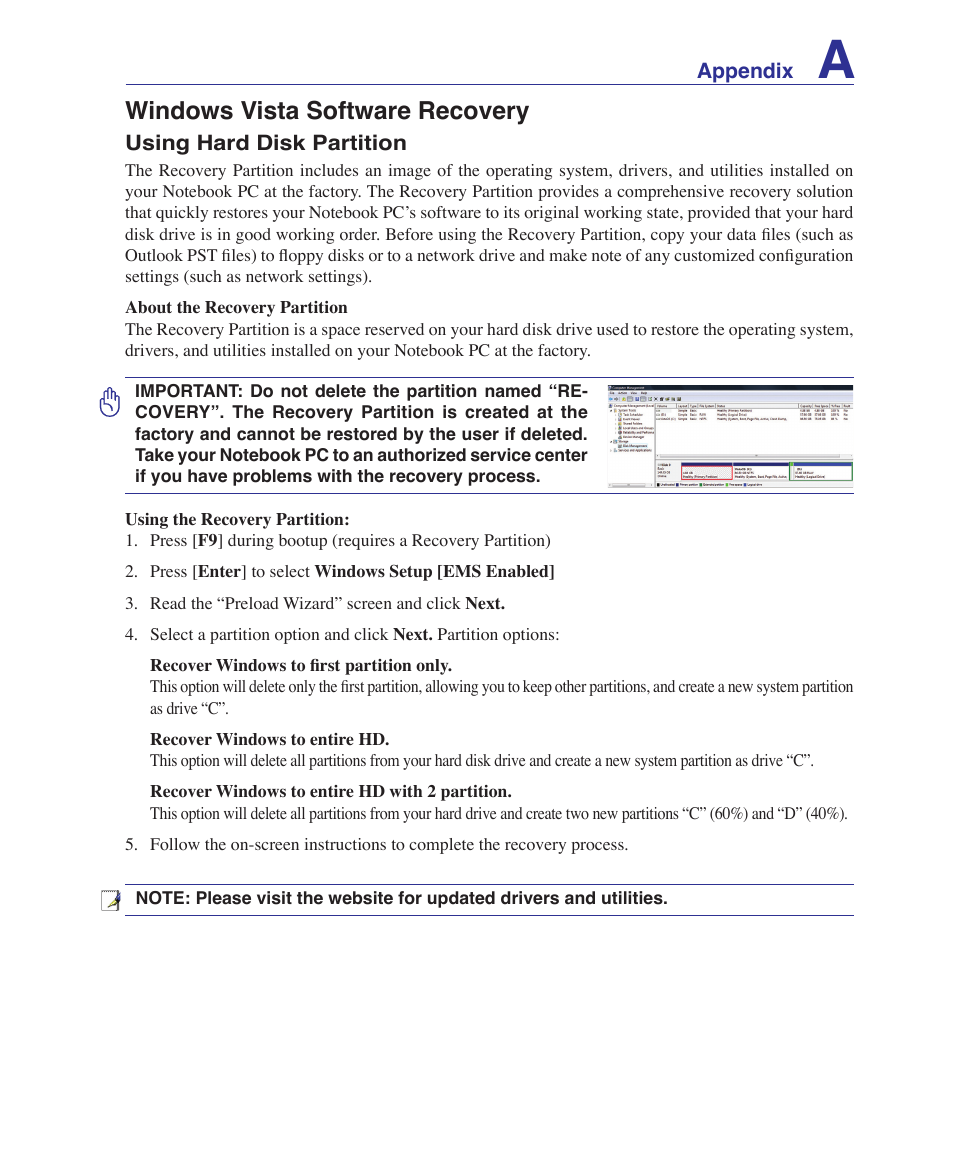 Windows vista software recovery | Asus Z62E User Manual | Page 59 / 76