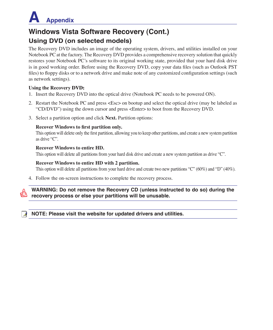 Windows vista software recovery (cont.) | Asus Z62E User Manual | Page 60 / 76