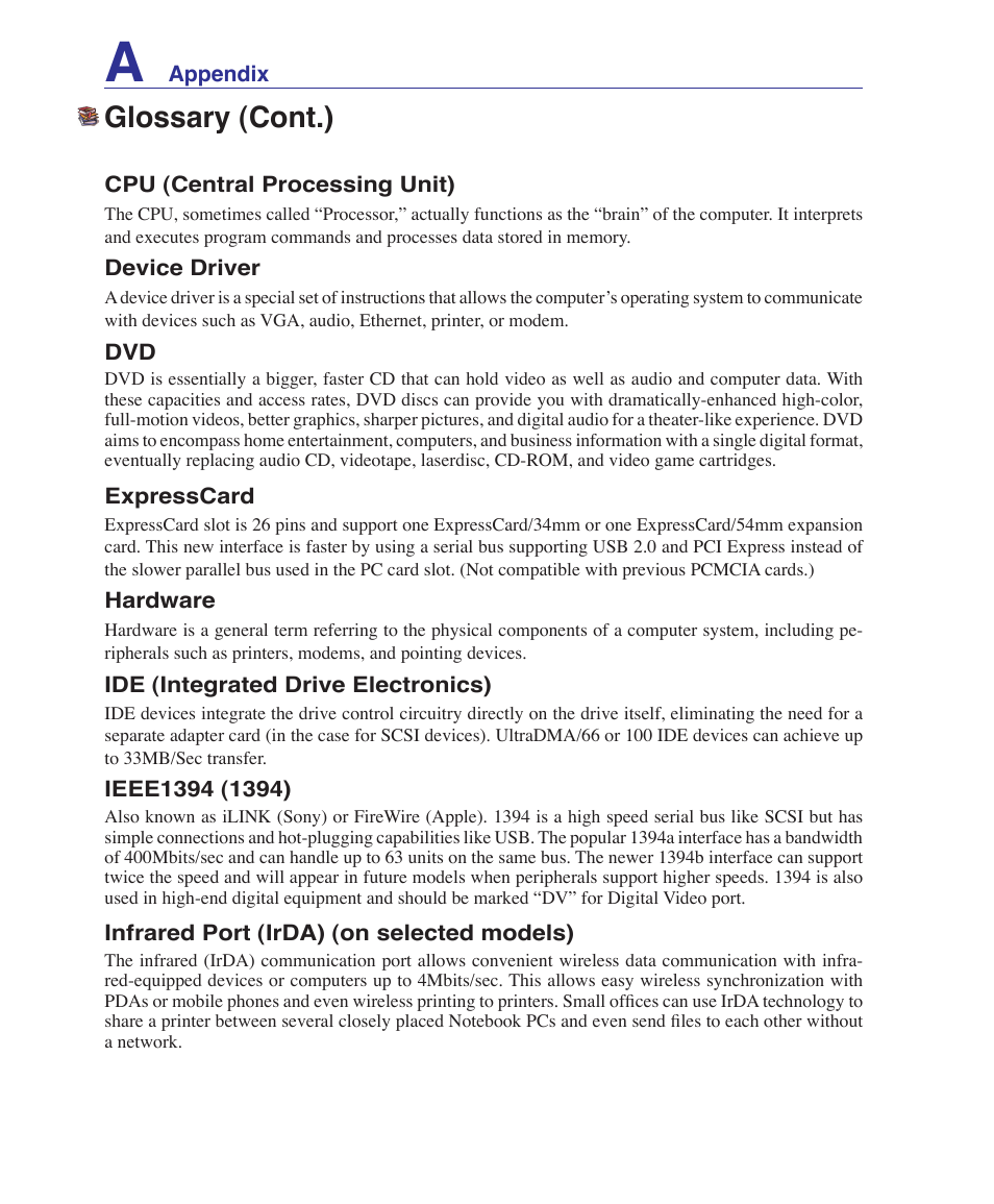 Glossary (cont.) | Asus Z62E User Manual | Page 62 / 76