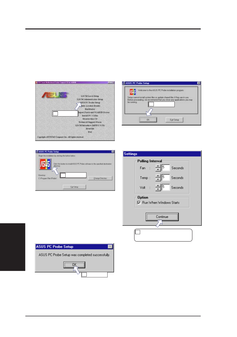 V. software setup, Asus pc probe setup | Asus P2V-B User Manual | Page 68 / 96