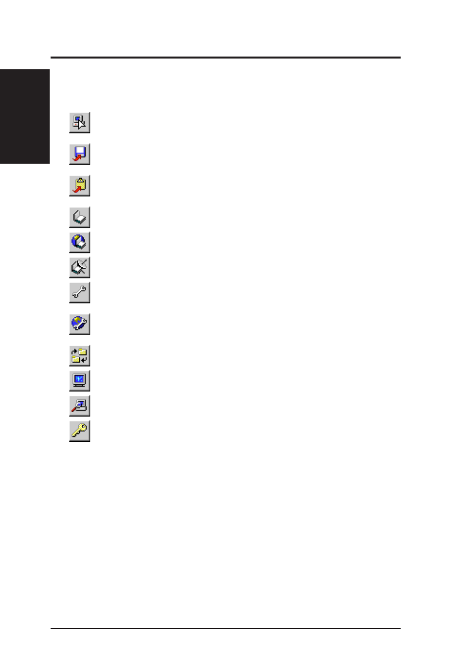 Vi. software reference, Using the taskbar icons, Toolbar descriptions | Asus P2V-B User Manual | Page 76 / 96