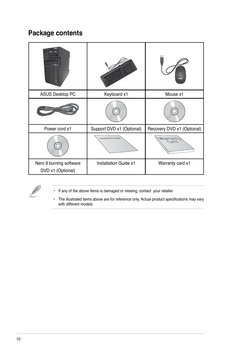 Package contents | Asus BP6335 User Manual | Page 10 / 105