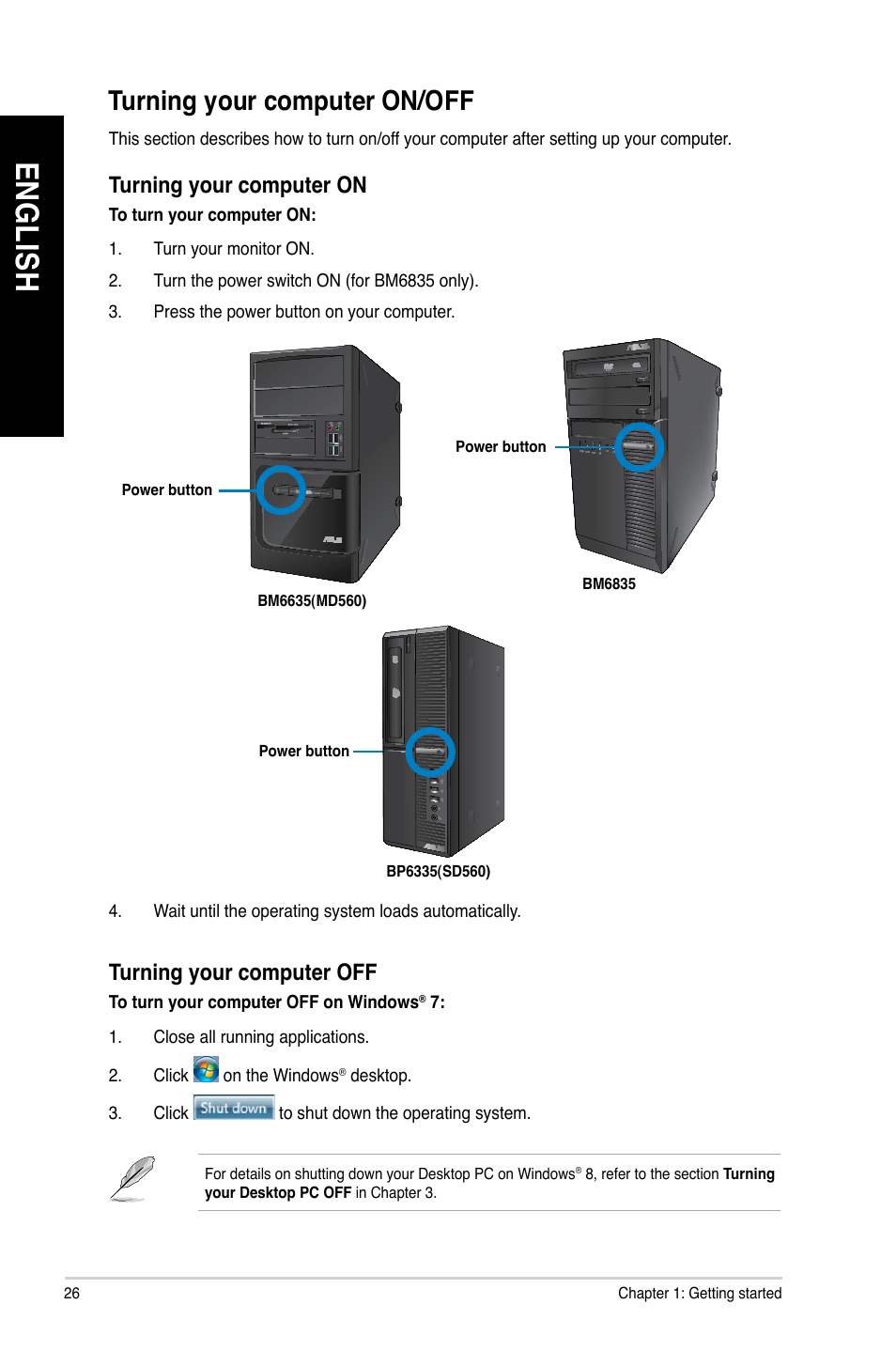 Turning your computer on/off, En gl is h en gl is h | Asus BP6335 User Manual | Page 26 / 105