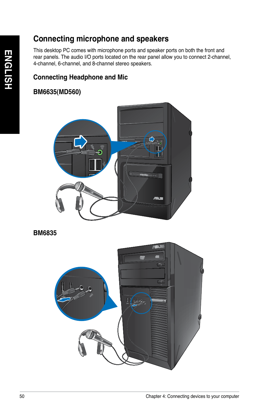 Connecting microphone and speakers, En gl is h en gl is h en gl is h en gl is h | Asus BP6335 User Manual | Page 50 / 105