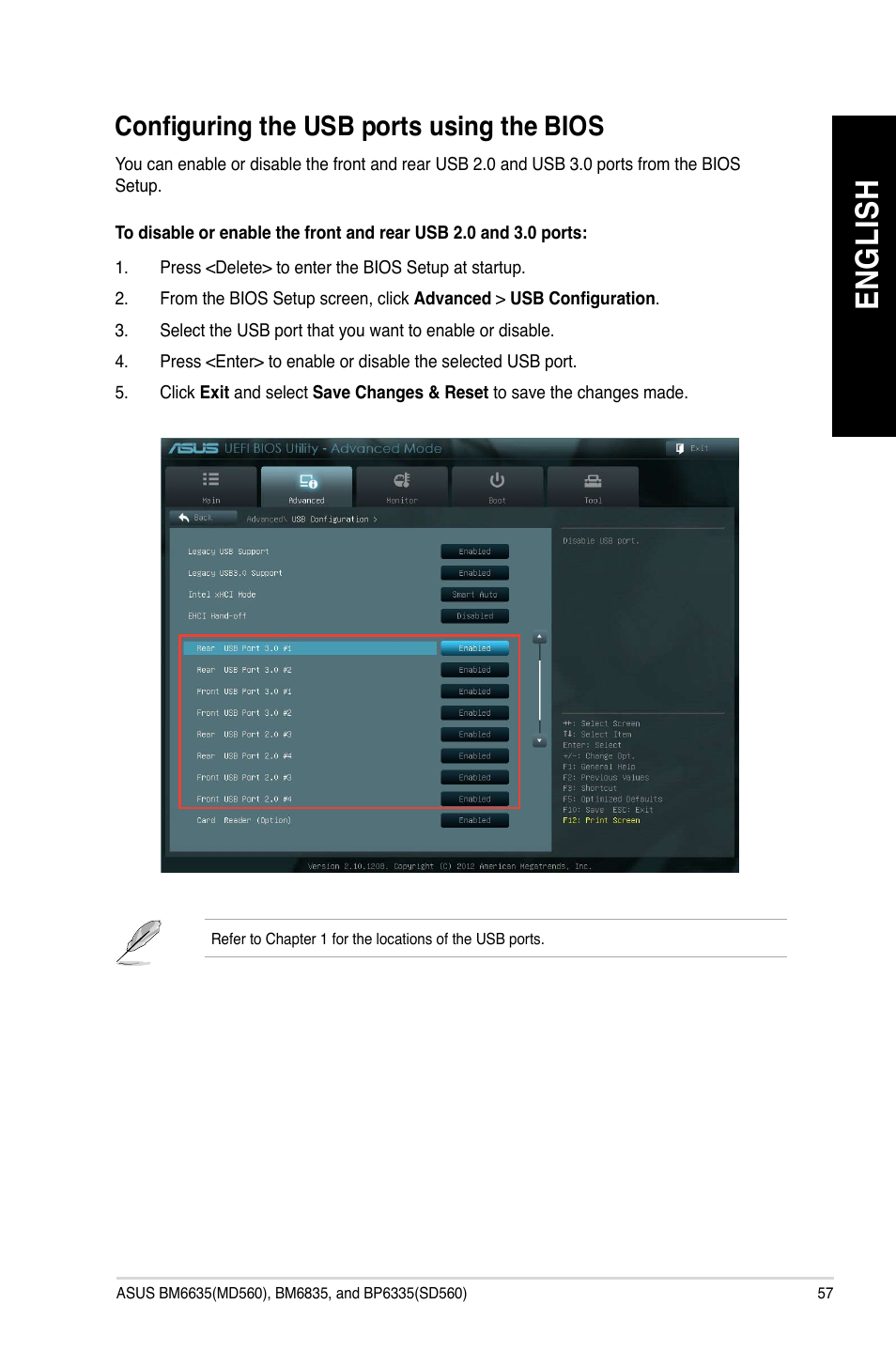 Configuring the usb ports using the bios, En gl is h en gl is h | Asus BP6335 User Manual | Page 57 / 105