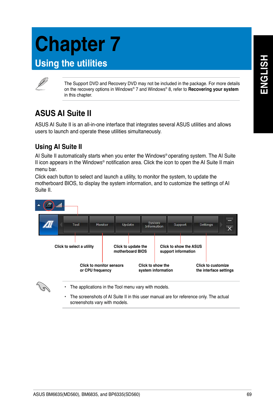 Chapter 7: using the utilities, Asus ai suite ii, Using the utilities | Chapter 7, En gl is h en gl is h | Asus BP6335 User Manual | Page 69 / 105