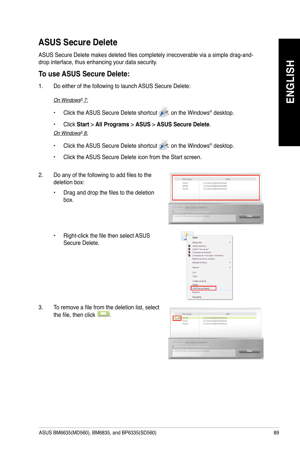 Asus secure delete, En gl is h en gl is h | Asus BP6335 User Manual | Page 89 / 105