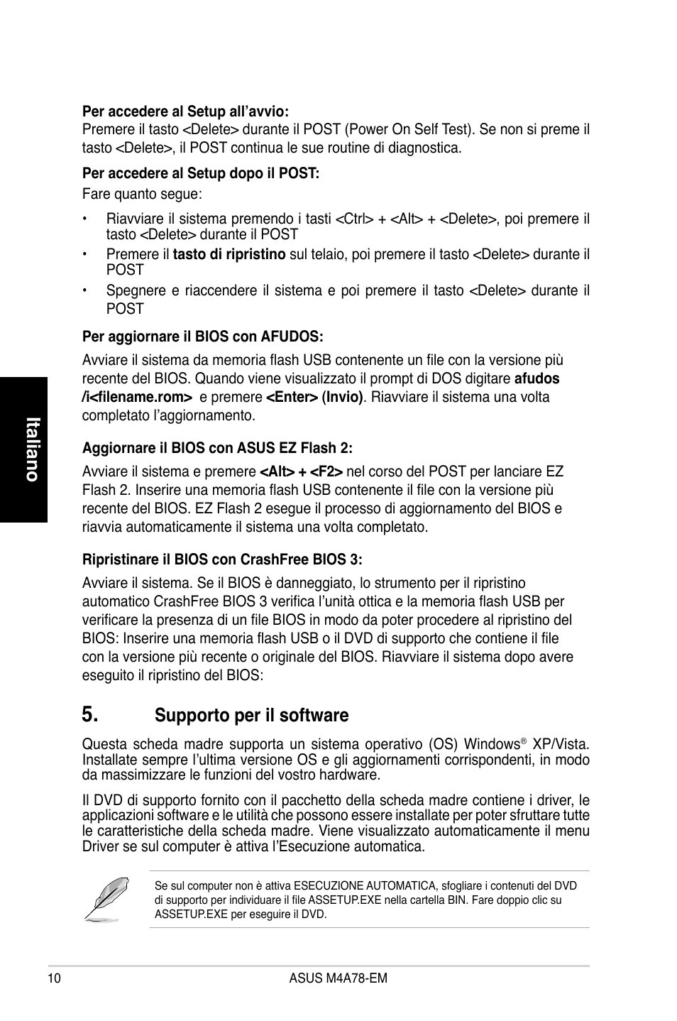 Italiano, Supporto per il software | Asus M4A78-EM User Manual | Page 10 / 38