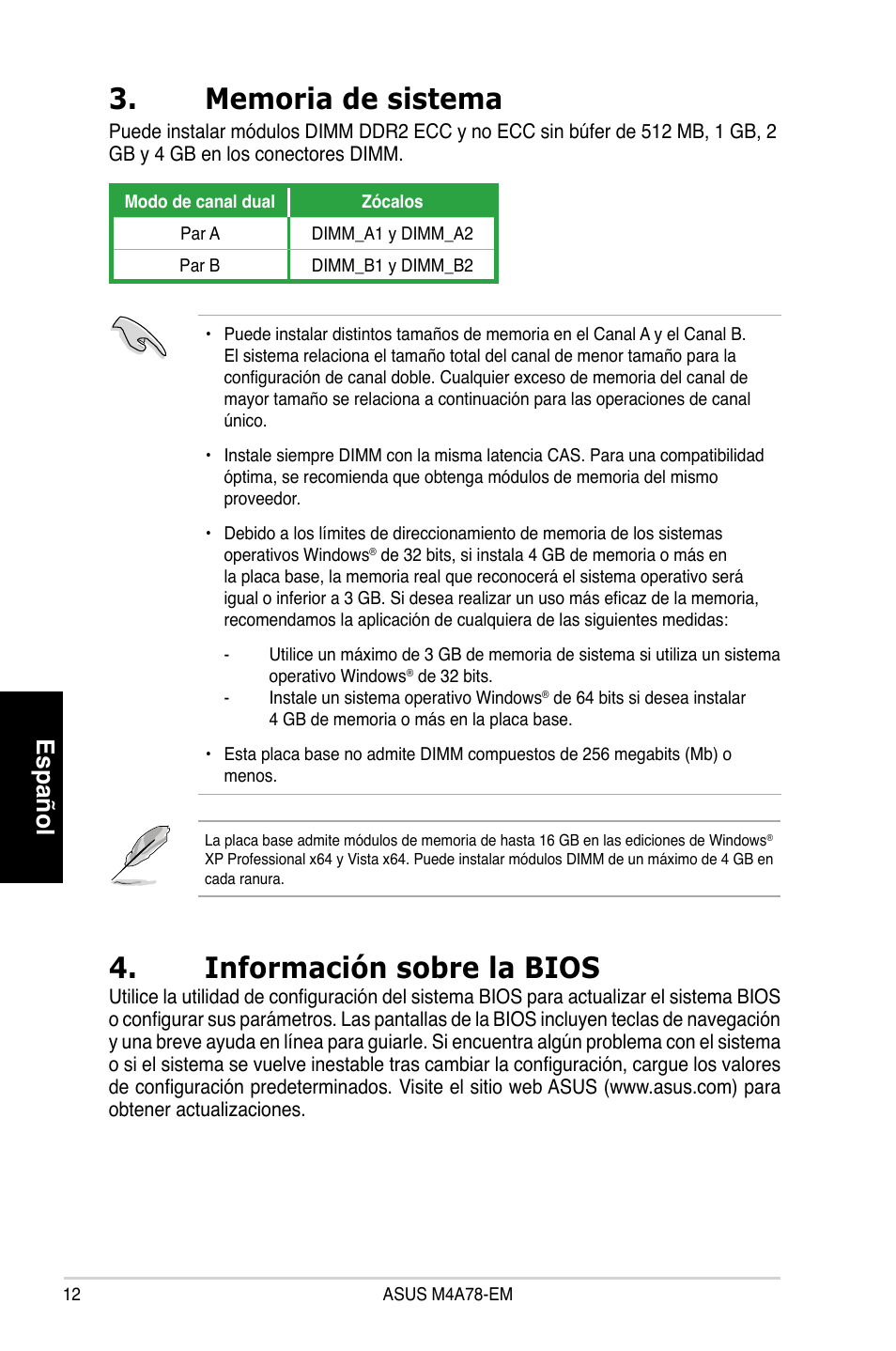 Información sobre la bios, Español | Asus M4A78-EM User Manual | Page 12 / 38