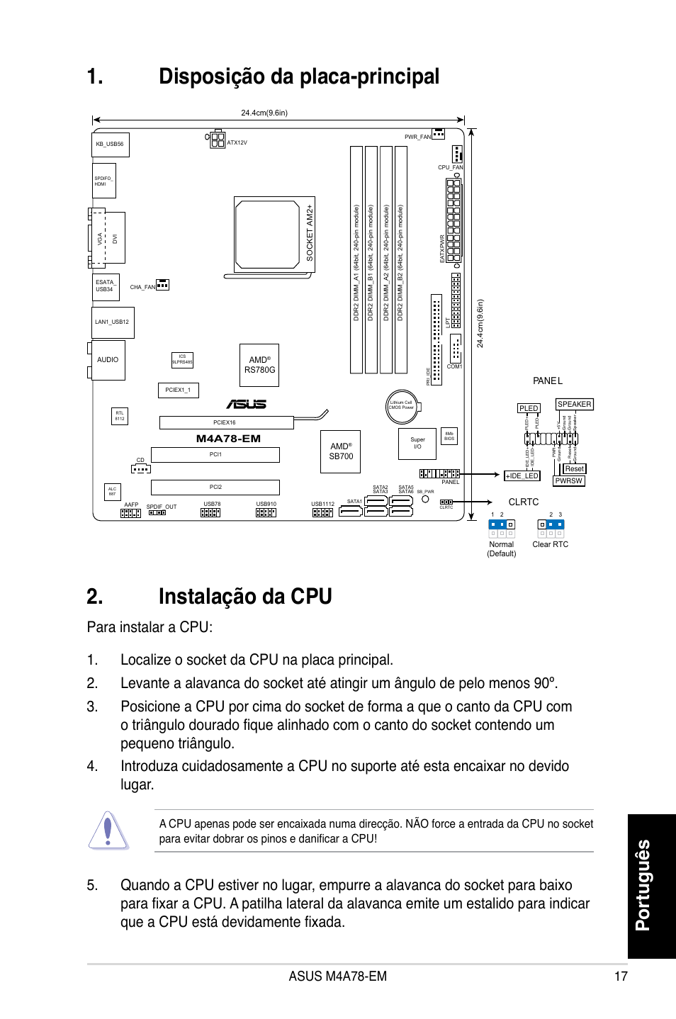 Disposição da placa-principal 2. instalação da cpu, Português, M4a78-em | Asus M4A78-EM User Manual | Page 17 / 38