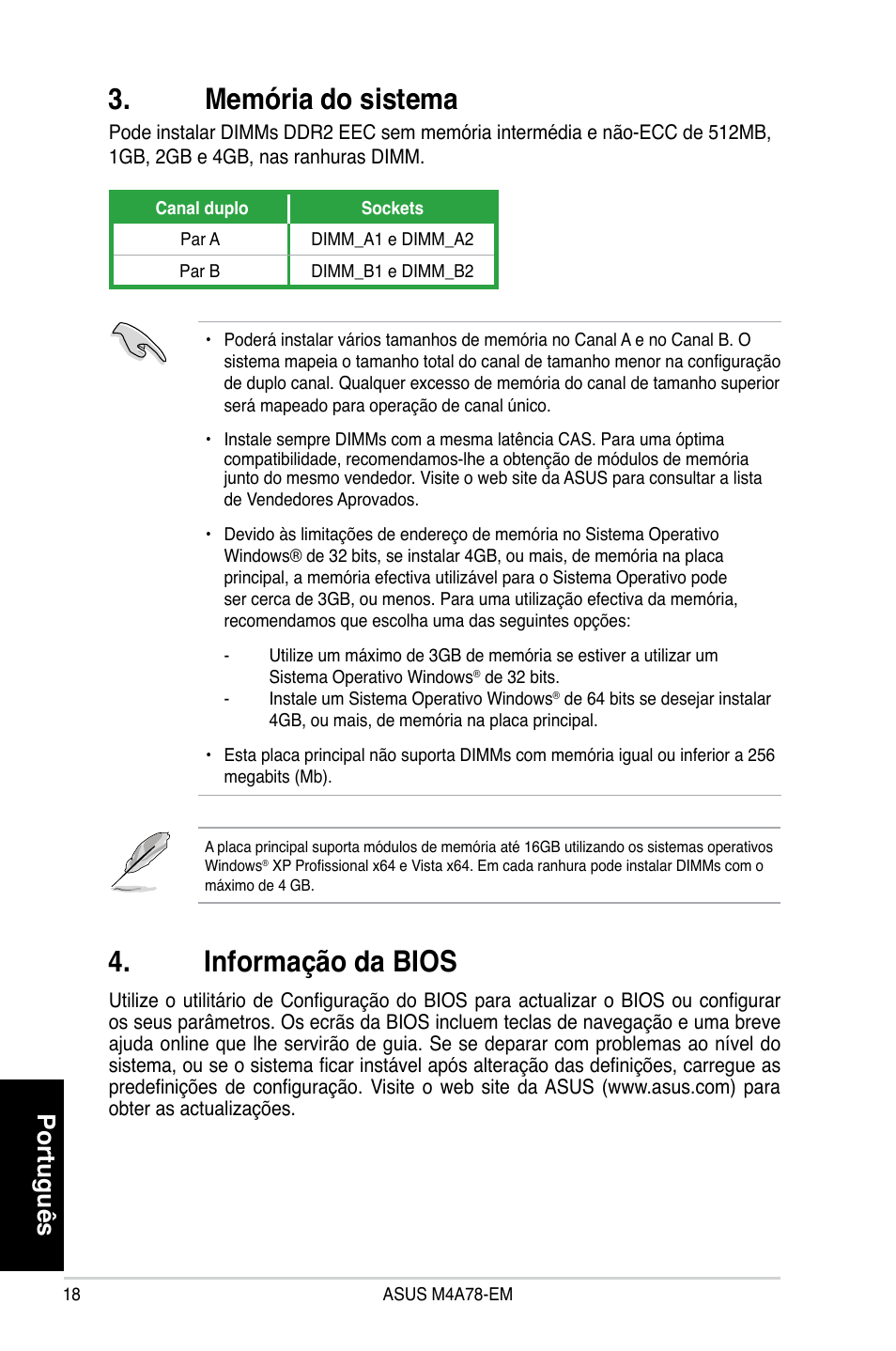 Memória do sistema, Informação da bios, Português | Asus M4A78-EM User Manual | Page 18 / 38