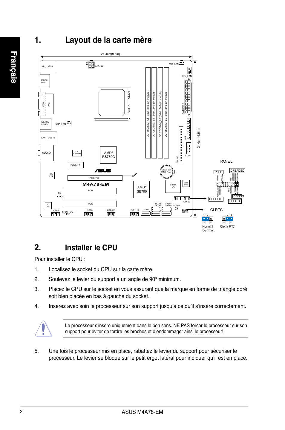 Layout de la carte mère 2, Français, Installer le cpu | Asus m4a78-em | Asus M4A78-EM User Manual | Page 2 / 38