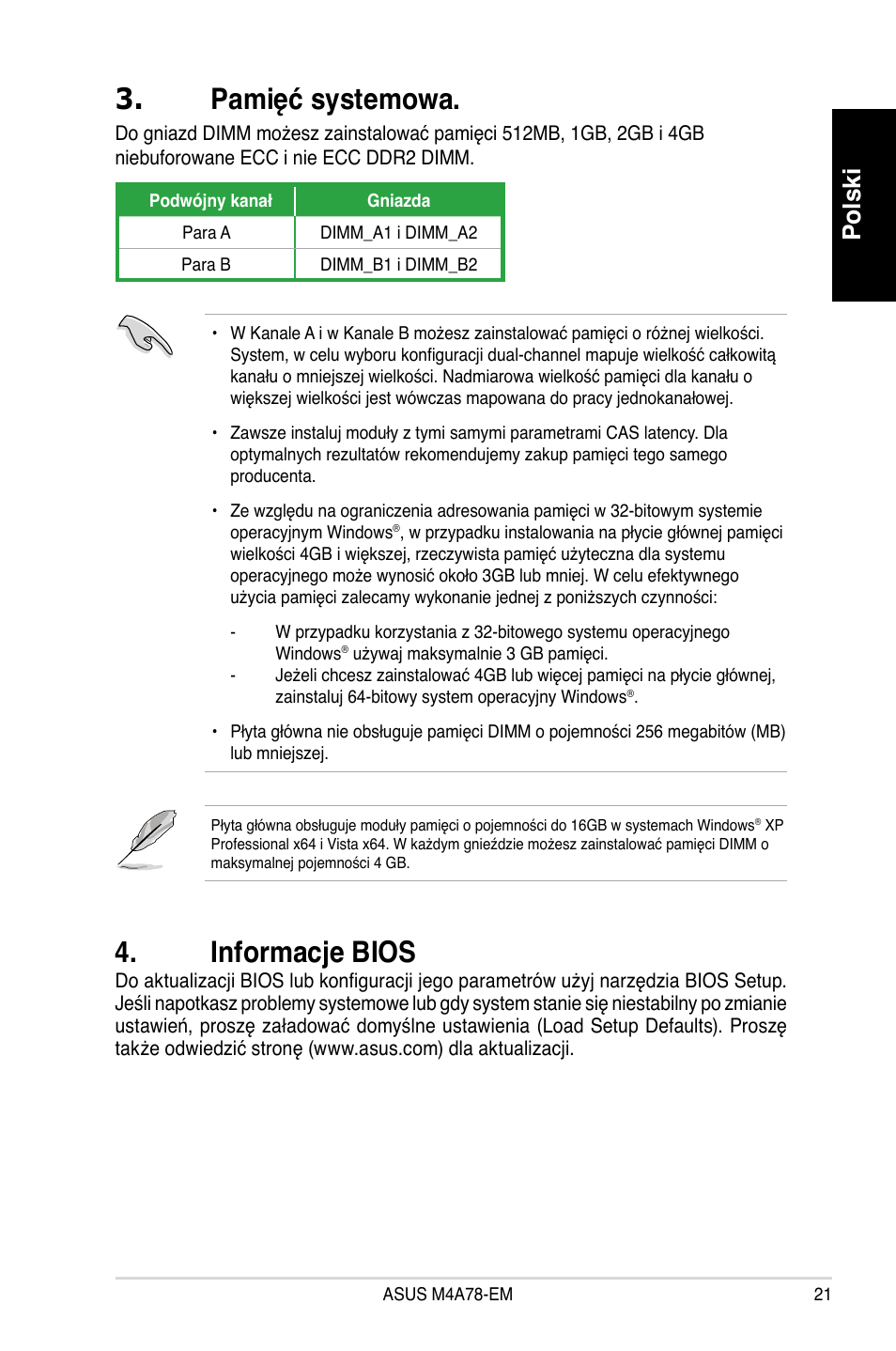 Pamięć systemowa, Informacje bios, Polski | Asus M4A78-EM User Manual | Page 21 / 38