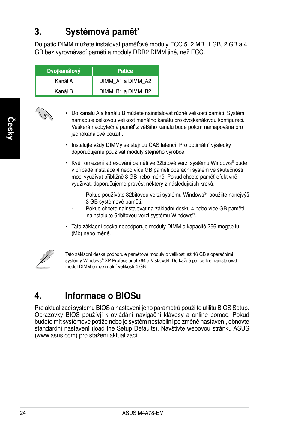 Systémová pamět, Informace o biosu, Česky | Asus M4A78-EM User Manual | Page 24 / 38