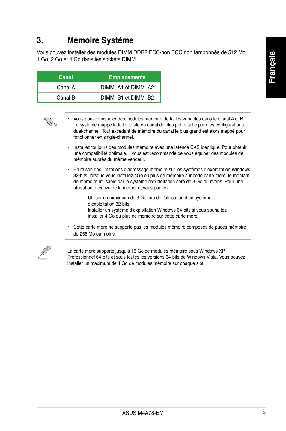 Mémoire système, Français | Asus M4A78-EM User Manual | Page 3 / 38