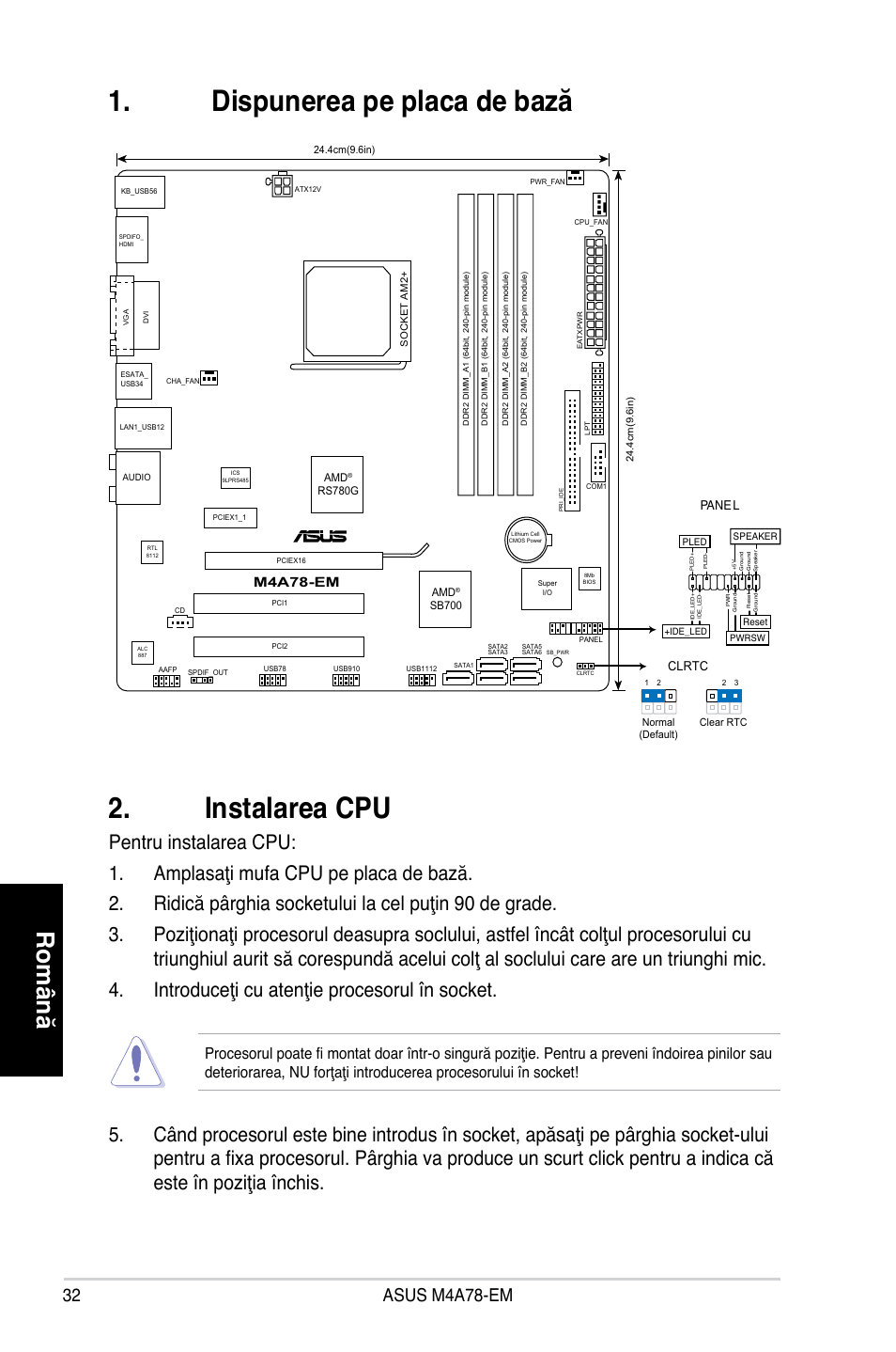 Dispunerea pe placa de bază 2. instalarea cpu, Română, M4a78-em | Asus M4A78-EM User Manual | Page 32 / 38