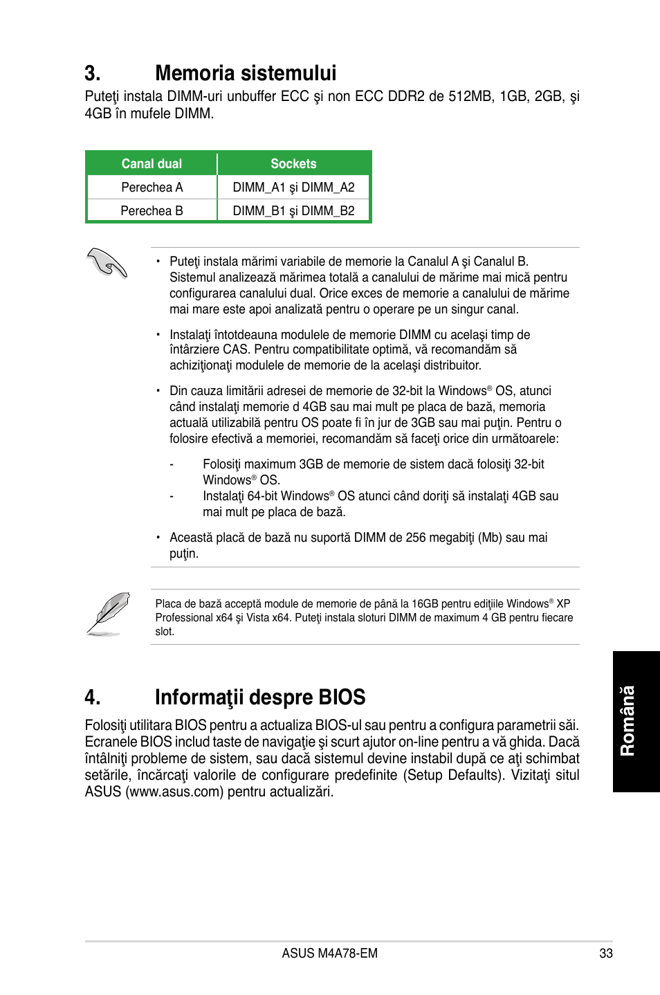 Informaţii despre bios, Română | Asus M4A78-EM User Manual | Page 33 / 38