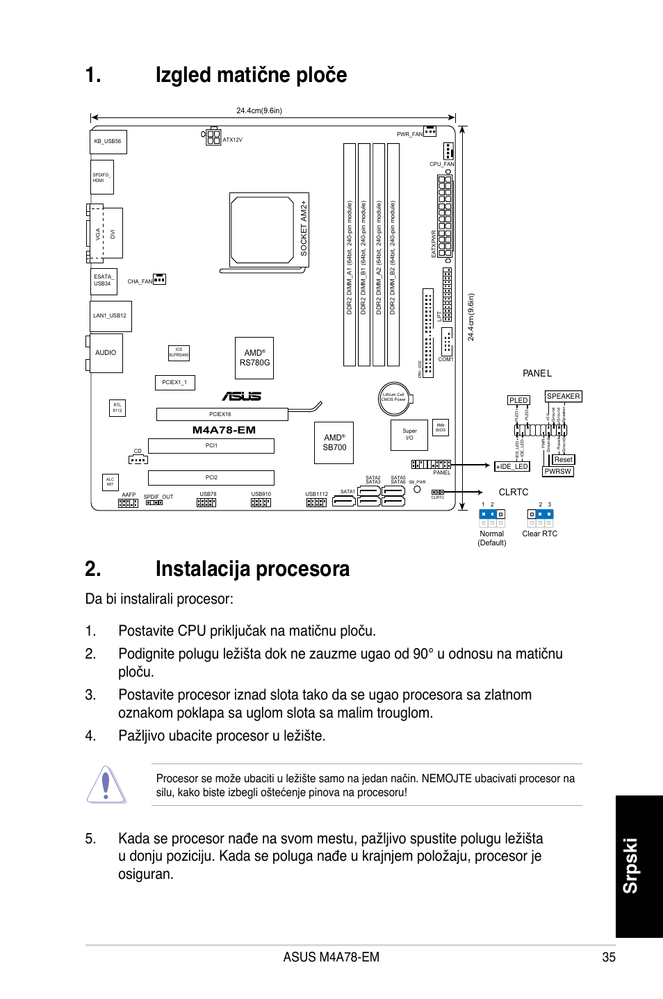 Izgled matične ploče 2. instalacija procesora, Srpski, M4a78-em | Asus M4A78-EM User Manual | Page 35 / 38