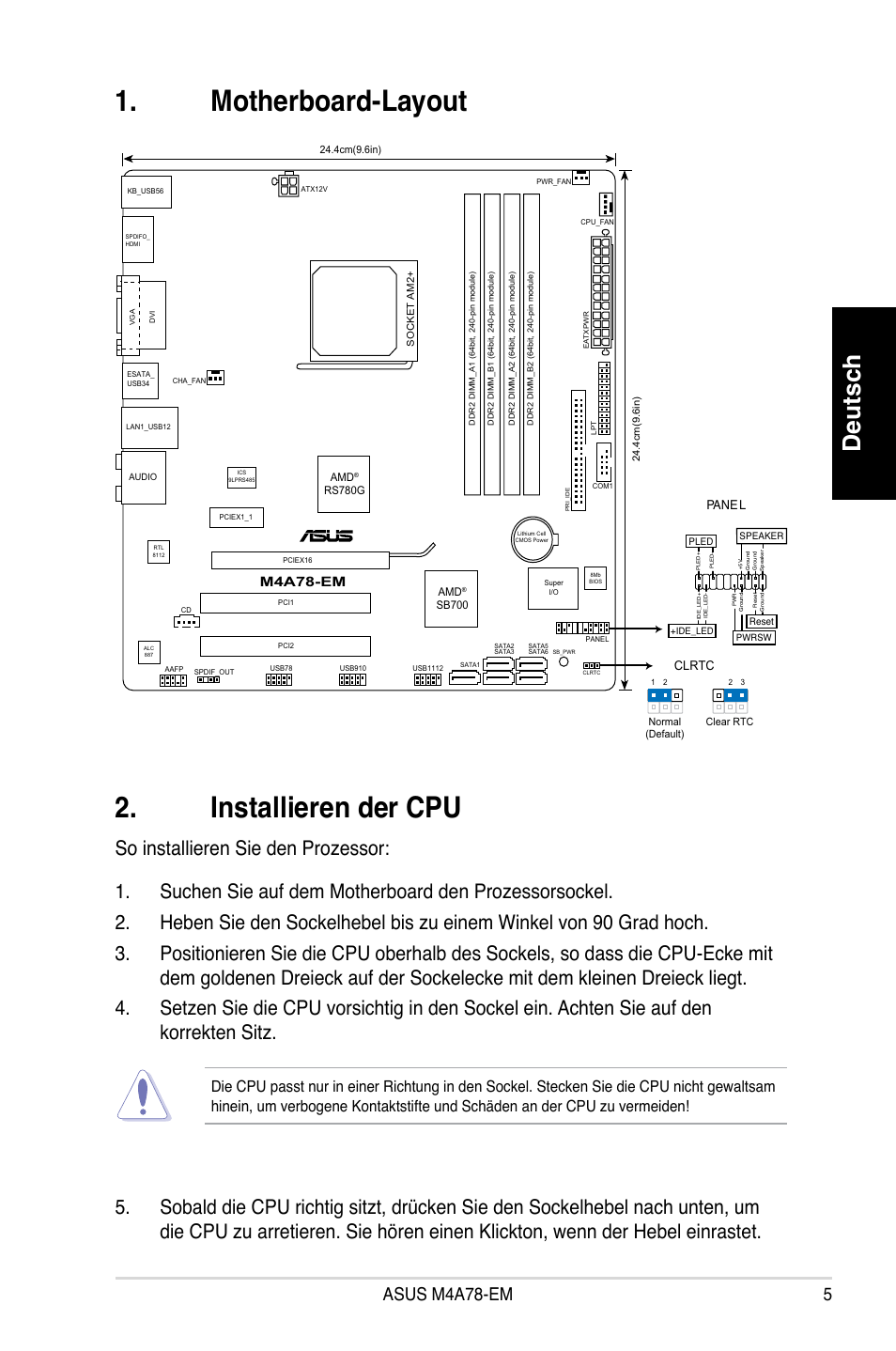 Motherboard-layout 2. installieren der cpu, Deutsch, Asus m4a78-em 5 | M4a78-em | Asus M4A78-EM User Manual | Page 5 / 38