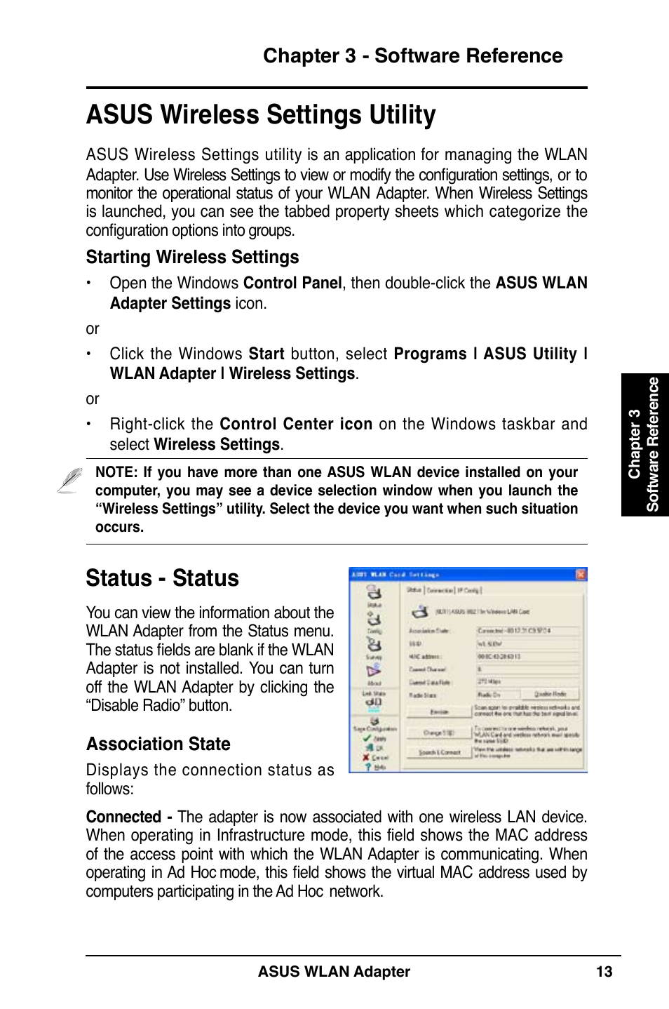 Asus wireless settings utility, Status - status, Chapter 3 - software reference | Asus WL-130N User Manual | Page 13 / 38