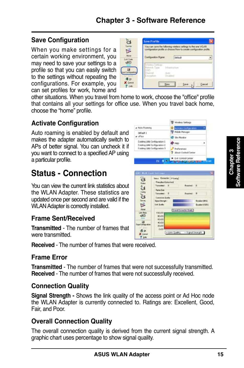 Status - connection, Chapter 3 - software reference | Asus WL-130N User Manual | Page 15 / 38