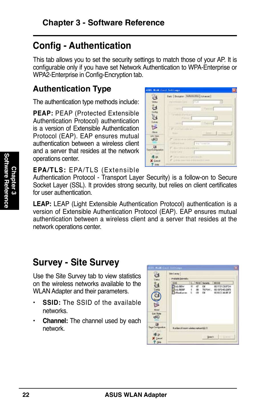 Survey - site survey, Config - authentication, Chapter 3 - software reference | Authentication type | Asus WL-130N User Manual | Page 22 / 38