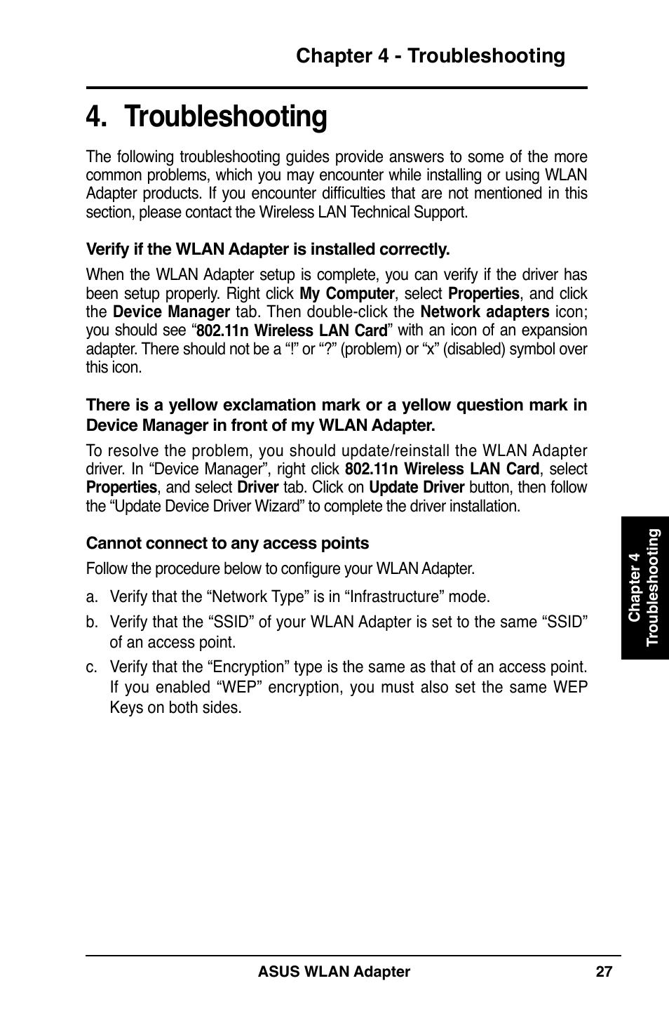 Troubleshooting, Chapter  - troubleshooting | Asus WL-130N User Manual | Page 27 / 38