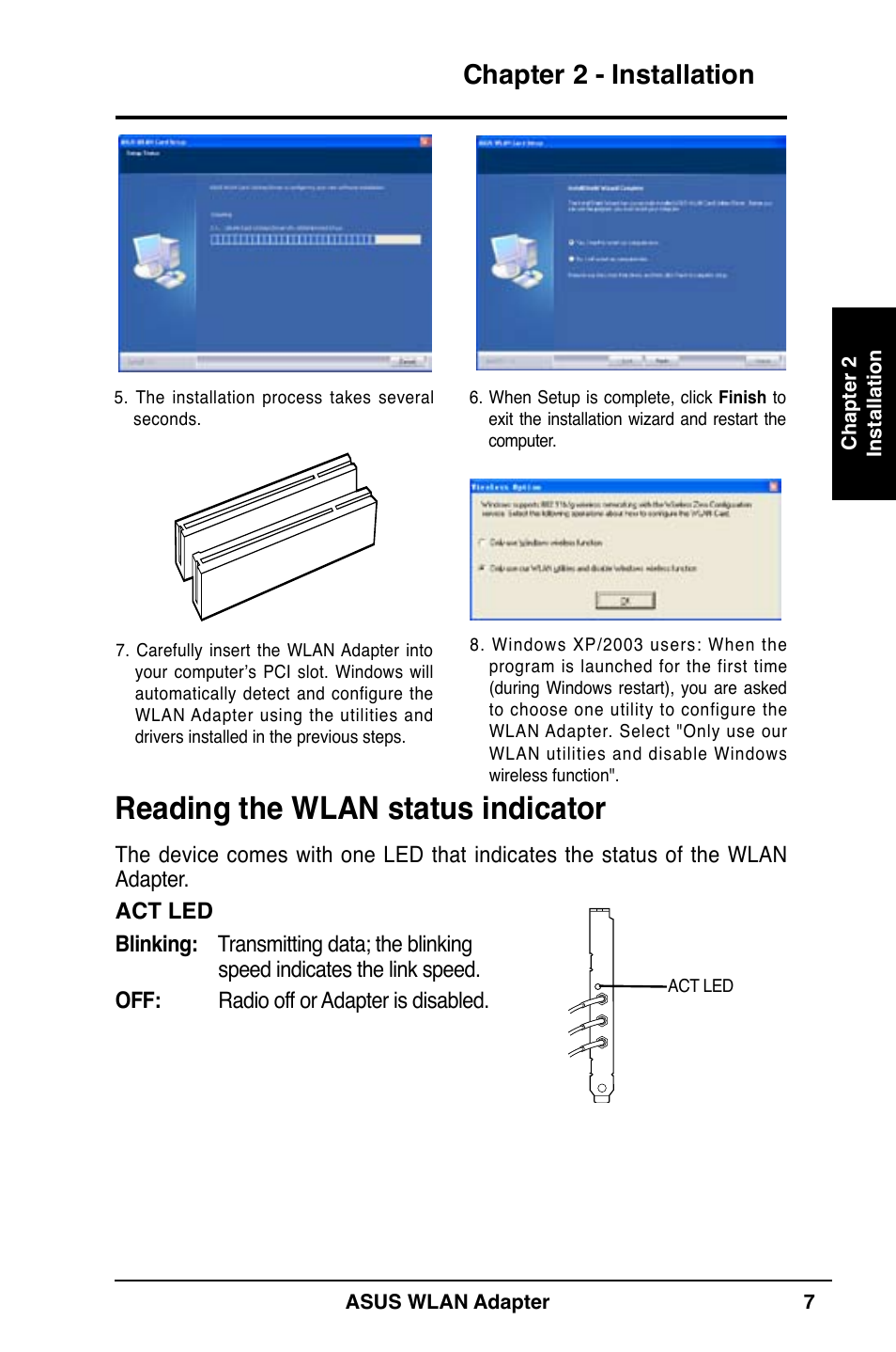 Reading the wlan status indicator, Chapter 2 - installation | Asus WL-130N User Manual | Page 7 / 38