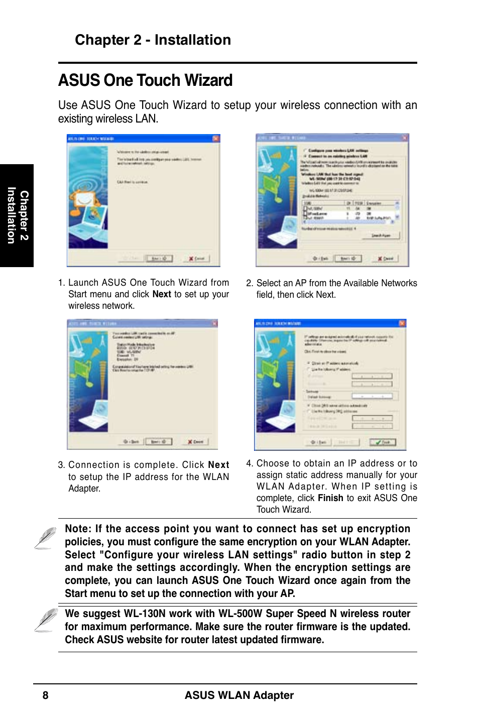 Asus one touch wizard, Chapter 2 - installation | Asus WL-130N User Manual | Page 8 / 38