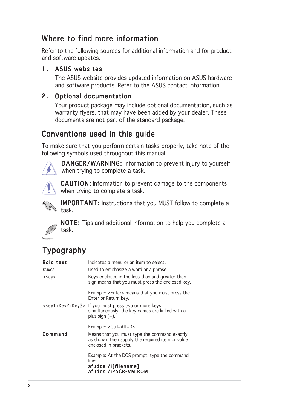 Typography, Conventions used in this guide, Where to find more information | Asus TS150-E2 User Manual | Page 10 / 134