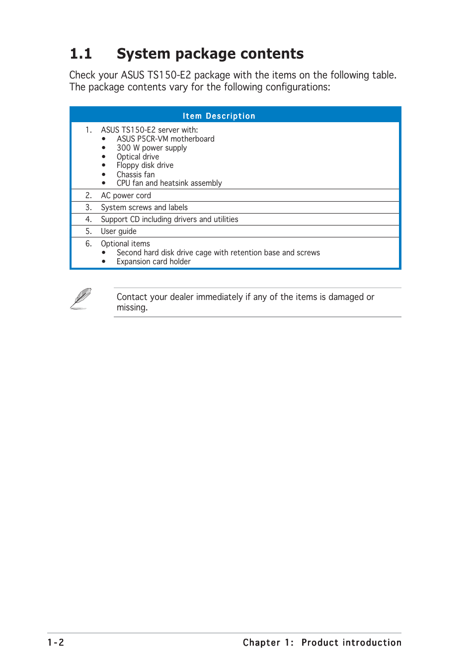 1 system package contents | Asus TS150-E2 User Manual | Page 12 / 134