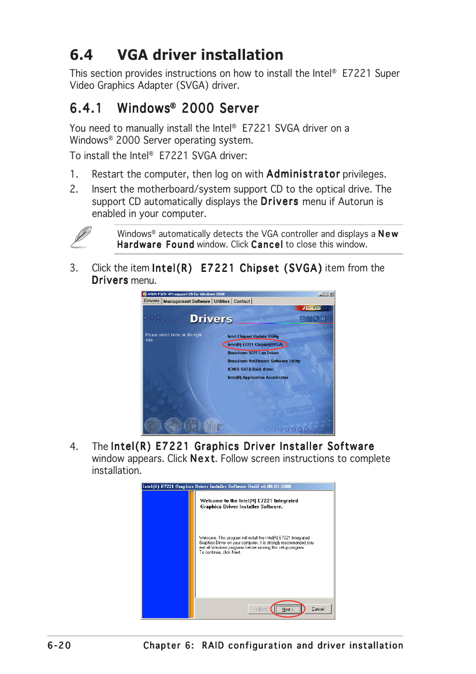 4 vga driver installation, 1 windows windows windows windows windows, 2000 server | Asus TS150-E2 User Manual | Page 128 / 134
