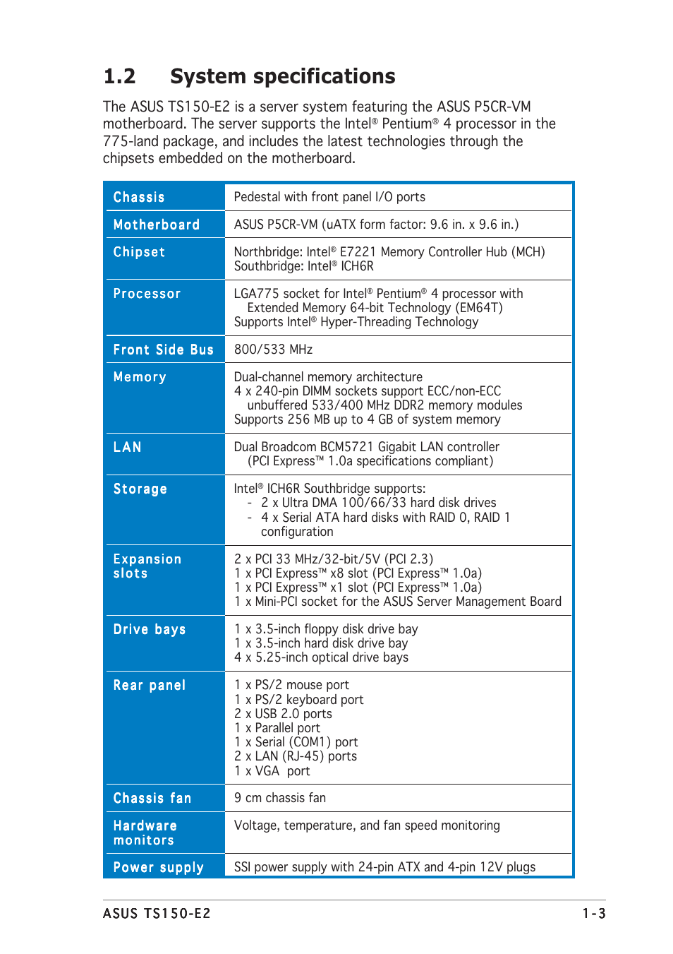 2 system specifications | Asus TS150-E2 User Manual | Page 13 / 134