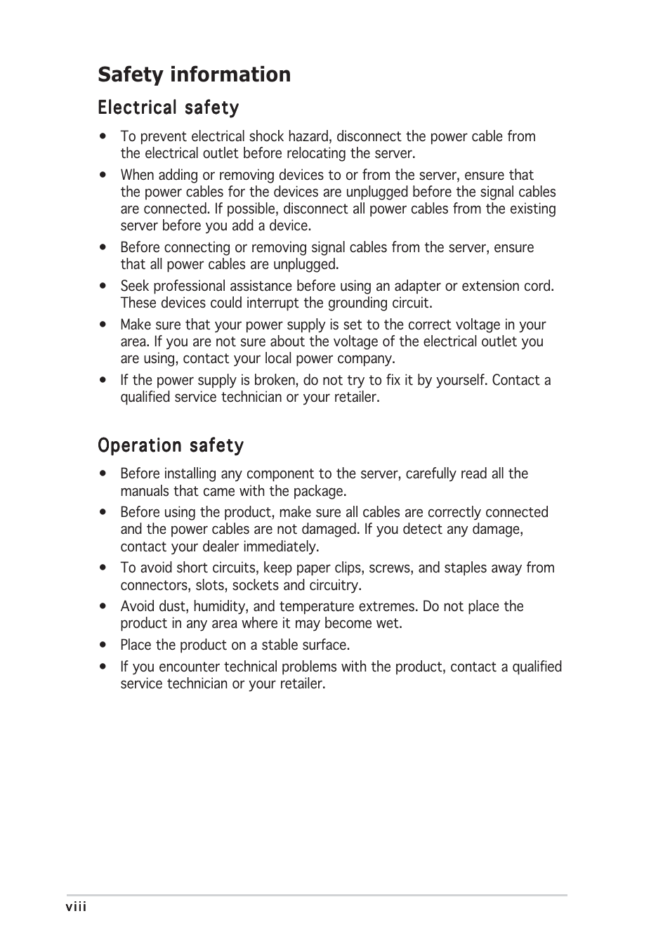 Safety information | Asus TS150-E2 User Manual | Page 8 / 134